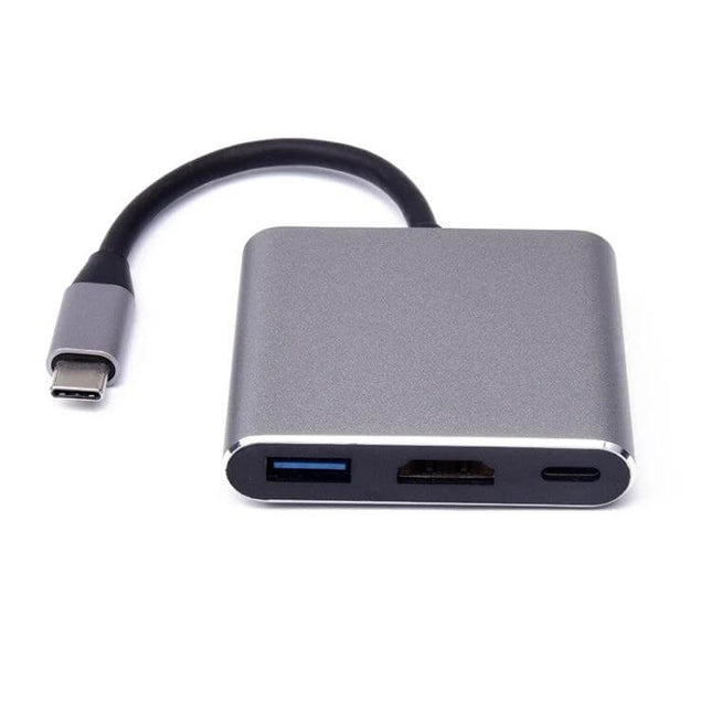 USB-C 3-in-1 Adapter for Device Connections and Charging — compact gray hub with HDMI, USB 3.0 and PD charging port