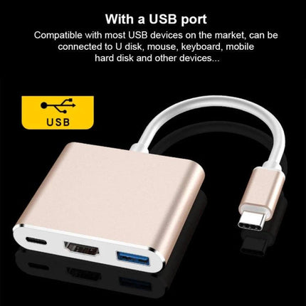 USB-C 3-in-1 Adapter for Device Connections and Charging with HDMI, USB 3.0 and PD port in rose gold for laptops and smartphones