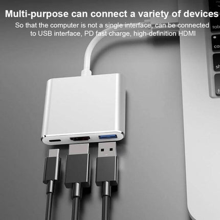 USB-C 3-in-1 Adapter for Device Connections and Charging connected to laptop with HDMI, USB 3.0 and power delivery cables
