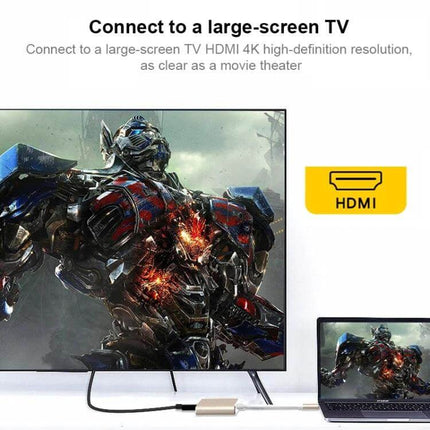 USB-C 3-in-1 Adapter for Device Connections and Charging connected to laptop and large-screen TV via HDMI for presentations and media