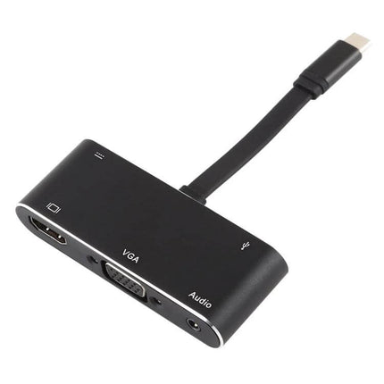USB-C Multi-Port Adapter for HDMI, VGA, and Audio Output — compact black adapter with HDMI, VGA and audio ports for presentations and travel