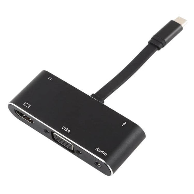 USB-C Multi-Port Adapter for HDMI, VGA, and Audio Output — compact black adapter with HDMI, VGA and audio ports for presentations and travel