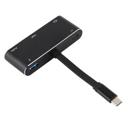 USB-C Multi-Port Adapter for HDMI, VGA, and Audio Output shown with USB-C cable, HDMI, VGA, audio and USB ports for laptop display and sound