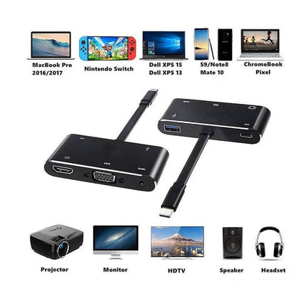 USB-C Multi-Port Adapter for HDMI, VGA, and Audio Output showing HDMI, VGA, audio ports and USB-C cable for laptops, projectors, HDTVs and headsets