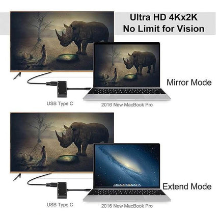 USB-C Multi-Port Adapter for HDMI, VGA, and Audio Output connecting a MacBook Pro to TV in mirror and extend modes, showing 4K display
