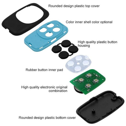 Wireless Four-Key Copying Remote for Garage Doors exploded view showing metal shell, button pads, rubber inner pad, and circuit board
