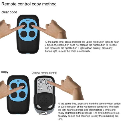 Wireless Four-Key Copying Remote for Garage Doors showing hands demonstrating copy and clear code method on durable metal-bodied four-button remote
