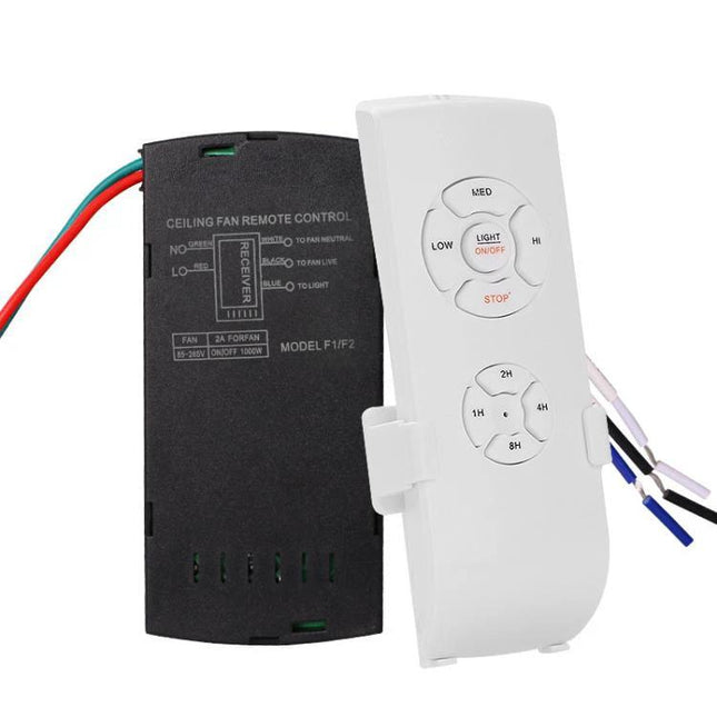 Wireless Remote Control Kit for Ceiling Fans and Lamps with Timing shown with white handheld remote and black receiver module