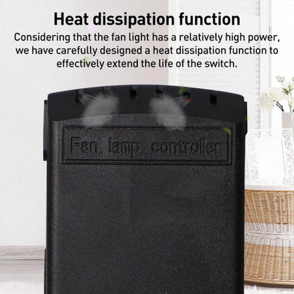 Wireless Remote Control Kit for Ceiling Fans and Lamps with Timing showing black fan lamp controller with heat dissipation vents