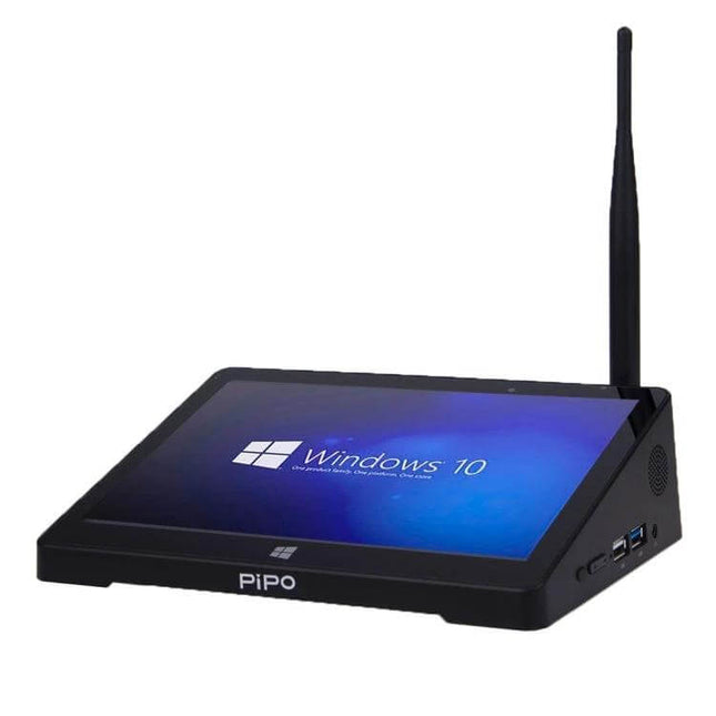PIPO X9S Windows 10 Mini PC with 8.9-Inch Tablet Device black tablet-mode mini PC showing Windows 10 screen and rear antenna