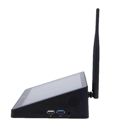PIPO X9S Windows 10 Mini PC with 8.9-Inch Tablet Device side view showing ports, speaker and external antenna
