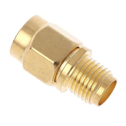 RP-SMA Male to SMA Female Gold Plated Adapter for RF Connections, close-up of gold-plated RP-SMA to SMA RF connector