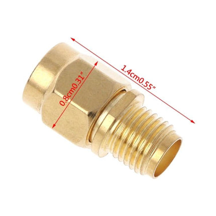 RP-SMA Male to SMA Female Gold Plated Adapter for RF Connections, compact gold-plated RF adapter with threaded RP-SMA male and SMA female ends