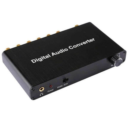 Digital Audio Decoder Converter for Home Theater Audio Systems - black compact digital audio converter with volume knob and RCA outputs