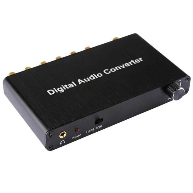 Digital Audio Decoder Converter for Home Theater Audio Systems - black compact digital audio converter with volume knob and RCA outputs