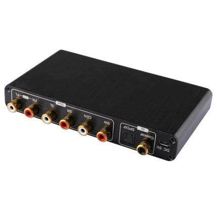 Digital Audio Decoder Converter for Home Theater Audio Systems – black compact decoder box with RCA and coaxial/SPDIF outputs
