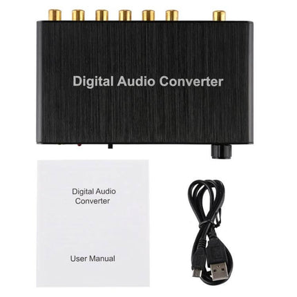 Digital Audio Decoder Converter for Home Theater Audio Systems - black desktop decoder box with gold RCA outputs, USB cable and user manual