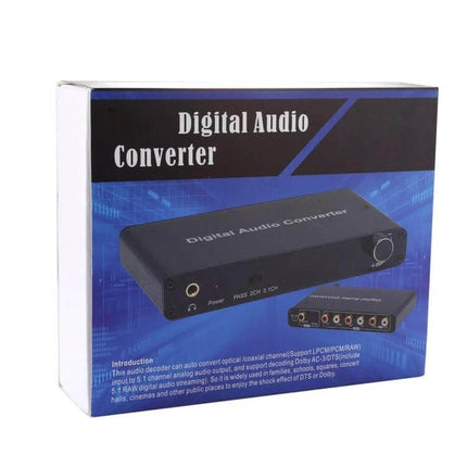 Digital Audio Decoder Converter for Home Theater Audio Systems compact black decoder box with multiple audio ports and packaging