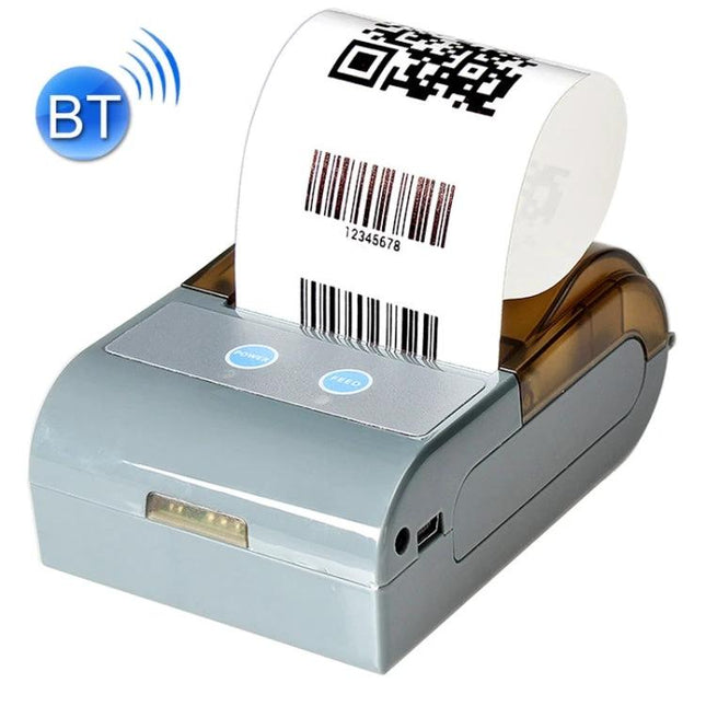 Bluetooth Portable Thermal Receipt Printer for Mobile Use showing compact gray wireless unit printing barcode and QR receipt