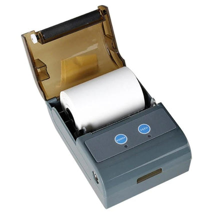 Bluetooth Portable Thermal Receipt Printer for Mobile Use showing open gray portable thermal printer with paper roll and power/feed buttons