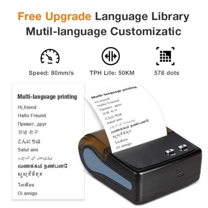 Portable Bluetooth Thermal Receipt Printer for On-the-Go Sales showing compact mobile printer printing multi-language receipts