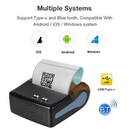 Portable Bluetooth Thermal Receipt Printer for On-the-Go Sales compact Bluetooth thermal receipt printer shown printing QR code, USB Type-C and multi-system compatible