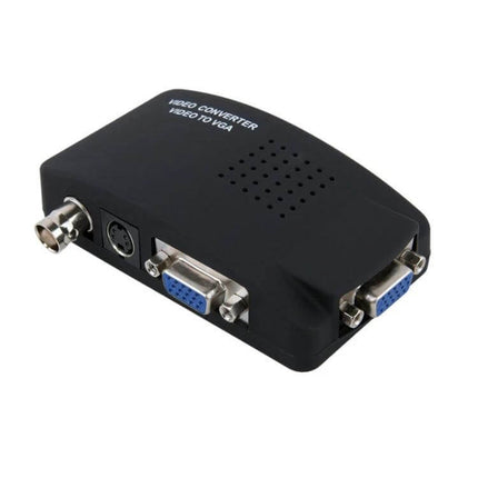 Howei BNC to VGA Video Converter for Home Security Systems - black BNC-to-VGA converter box showing BNC, VGA and S-video ports