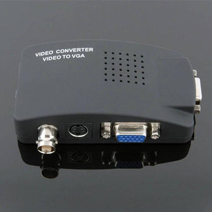 Howei BNC to VGA Video Converter for Home Security Systems black video converter showing BNC, VGA and power ports