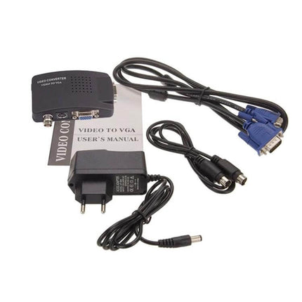 Howei BNC to VGA Video Converter for Home Security Systems showing converter box, power adapter, BNC and VGA cables