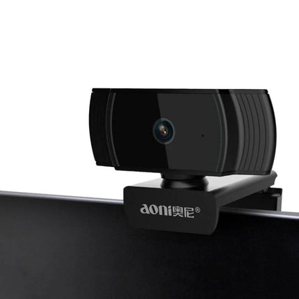Aoni Webcam with Built-in Microphone for Video Calls and Streaming mounted on monitor, HD 1080p webcam with clip and integrated mic