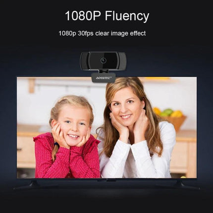 Aoni Webcam with Built-in Microphone for Video Calls and Streaming showing 1080p webcam mounted on monitor during family video call