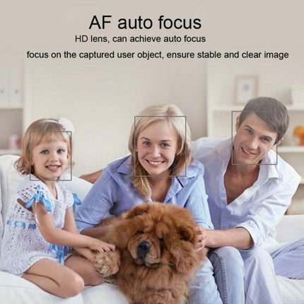 Aoni Webcam with Built-in Microphone for Video Calls and Streaming showing family on couch with AF auto focus and clear faces