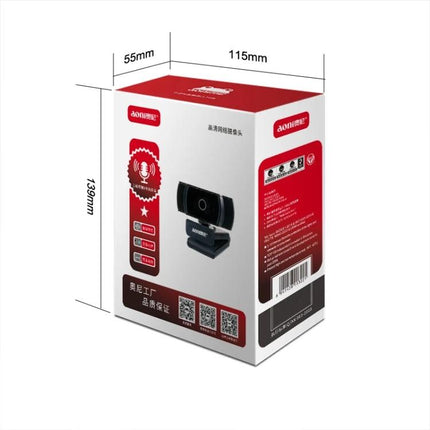 Aoni Webcam with Built-in Microphone for Video Calls and Streaming box packaging showing webcam image and dimensions