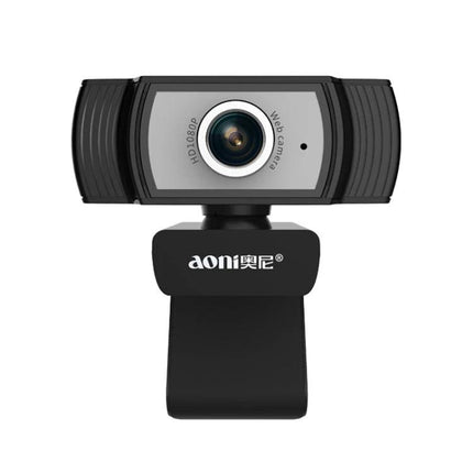 Aoni C33 Plug and Play Webcam for Teleconferencing and Live Streaming — front view of black USB webcam with lens and clip mount
