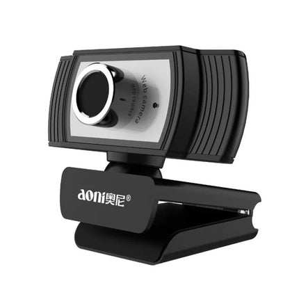 Aoni C33 Plug and Play Webcam for Teleconferencing and Live Streaming shown clipped to monitor with USB connection and adjustable tilt