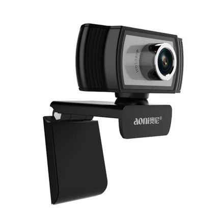 Aoni C33 Plug and Play Webcam for Teleconferencing and Live Streaming showing black clip-on USB camera with lens and adjustable mount