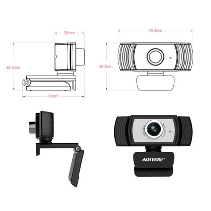 Aoni C33 Plug and Play Webcam for Teleconferencing and Live Streaming - product front, side views and dimensions