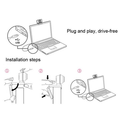 Aoni C33 Plug and Play Webcam for Teleconferencing and Live Streaming showing laptop clip mount and USB plug installation steps