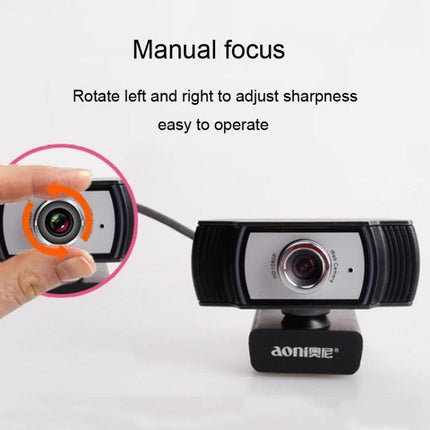 Aoni C33 Plug and Play Webcam for Teleconferencing and Live Streaming showing manual focus adjustment and easy plug-and-play setup