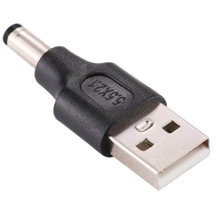 10-Piece Set of 5.5mm x 2.1mm Male DC to USB Power Connectors - close-up USB-A to 5.5x2.1mm DC barrel adapter