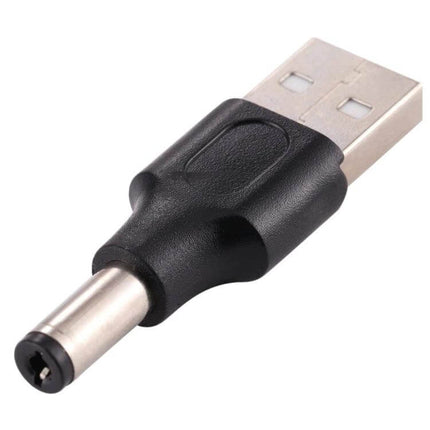 10-Piece Set of 5.5mm x 2.1mm Male DC to USB Power Connectors black USB-A to 5.5x2.1mm DC barrel adapter close-up