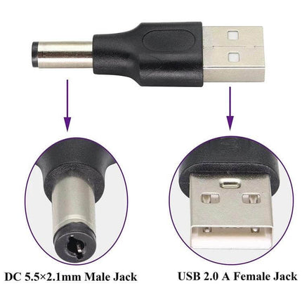 10-Piece Set of 5.5mm x 2.1mm Male DC to USB Power Connectors — USB A to DC 5.5x2.1mm male power adapter cable for routers, LED strips, DIY projects