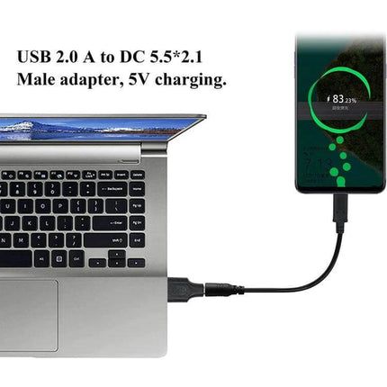 10-Piece Set of 5.5mm x 2.1mm Male DC to USB Power Connectors - USB 2.0 to DC 5.5×2.1mm cable powering phone from laptop