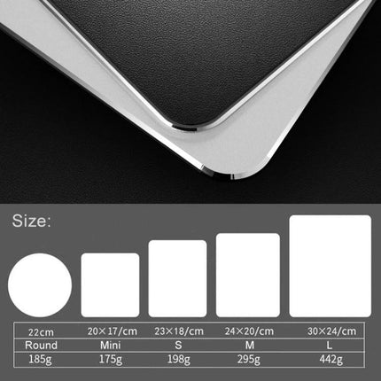 Double-Sided Circle Shaped Aluminum Desk Mouse Pad showing close-up of aluminum edge, PU leather surface and size chart with round and square options