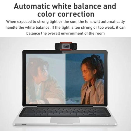 Manual Focus Webcam for Video Calls and Online Meetings showing laptop with webcam demonstrating automatic white balance and color correction, built-in mic, USB connection