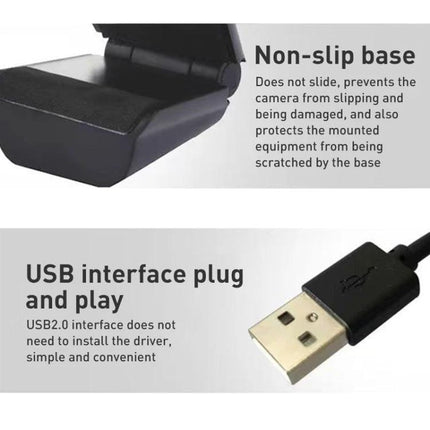 Manual Focus Webcam for Video Calls and Online Meetings showing non-slip base and USB plug with built-in microphone, 720p manual focus webcam for clear calls