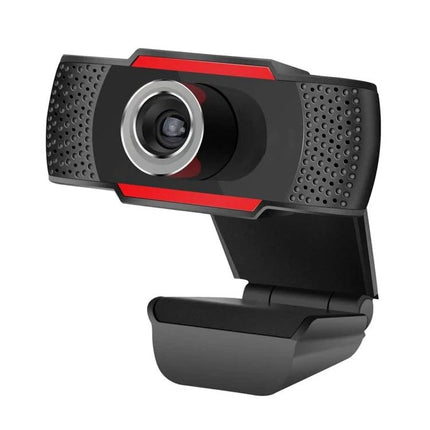 USB Webcam with Built-in Microphone for Video Calls and Meetings, black clip-on webcam with long-distance mic and red accents