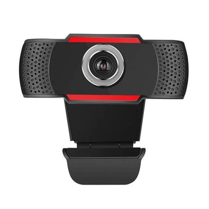 USB Webcam with Built-in Microphone for Video Calls and Meetings front view black webcam with long-distance audio pickup and clip mount