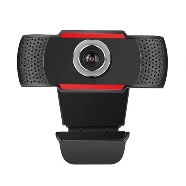USB Webcam with Built-in Microphone for Video Calls and Meetings front view black webcam with long-distance audio pickup and clip mount
