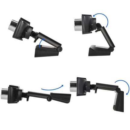 USB Webcam with Built-in Microphone for Video Calls and Meetings showing adjustable folding hinge positions for desk or laptop mounting